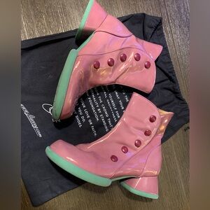 John Fluevog Collette Raspberry Boots with Green Soles